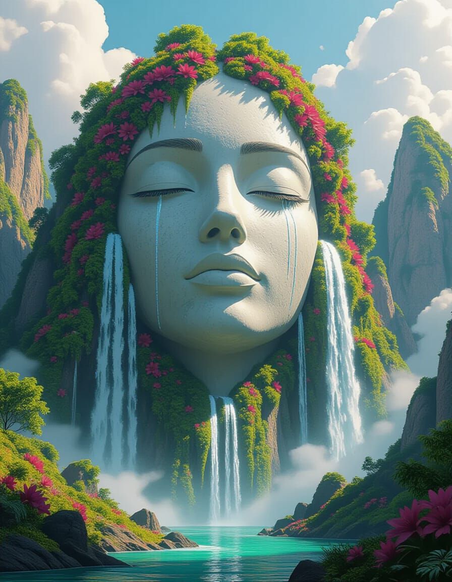 Mountain Goddess Weeping Waterfalls: Hyperrealistic Fantasy