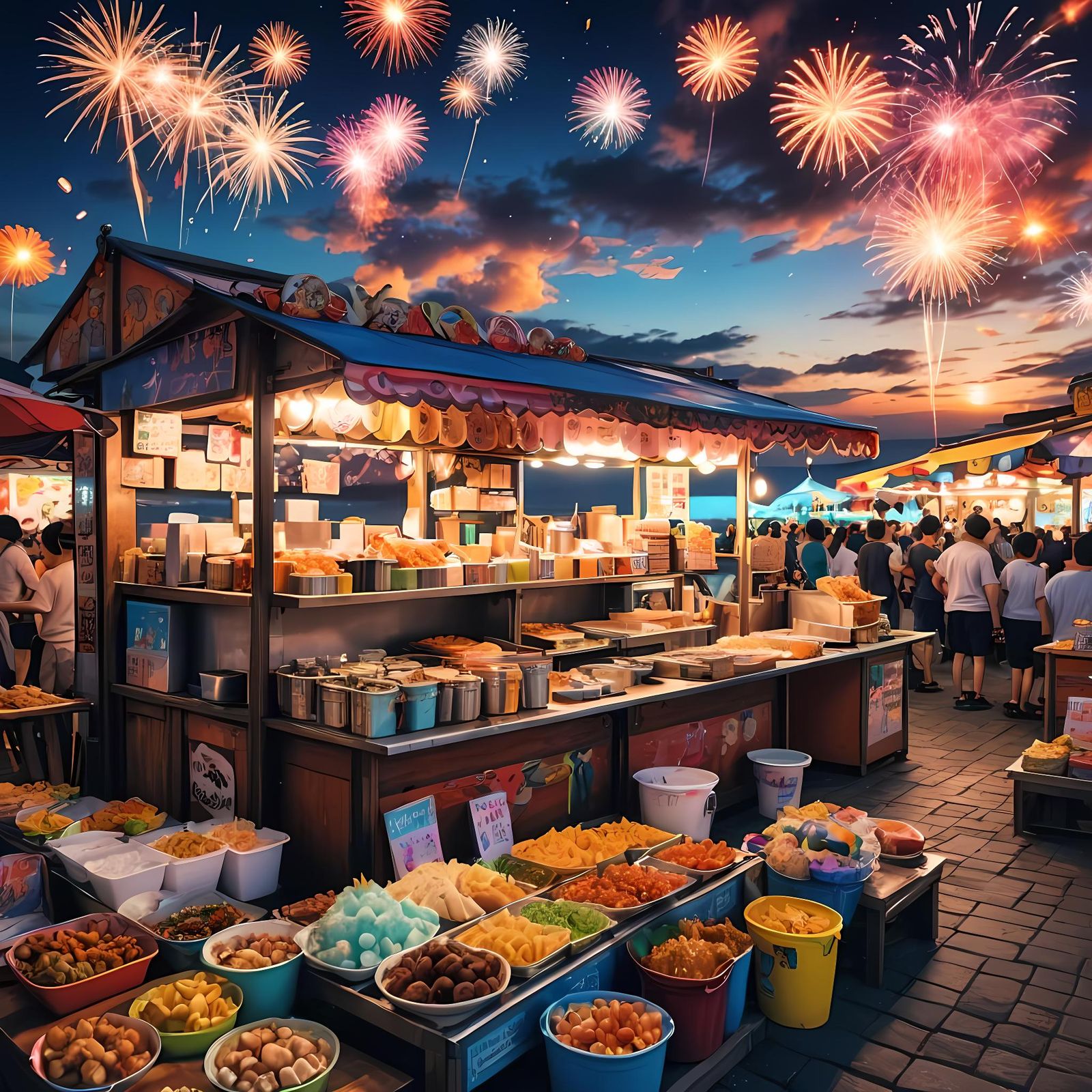 Vivid Anime Food Stall at Night with Fireworks