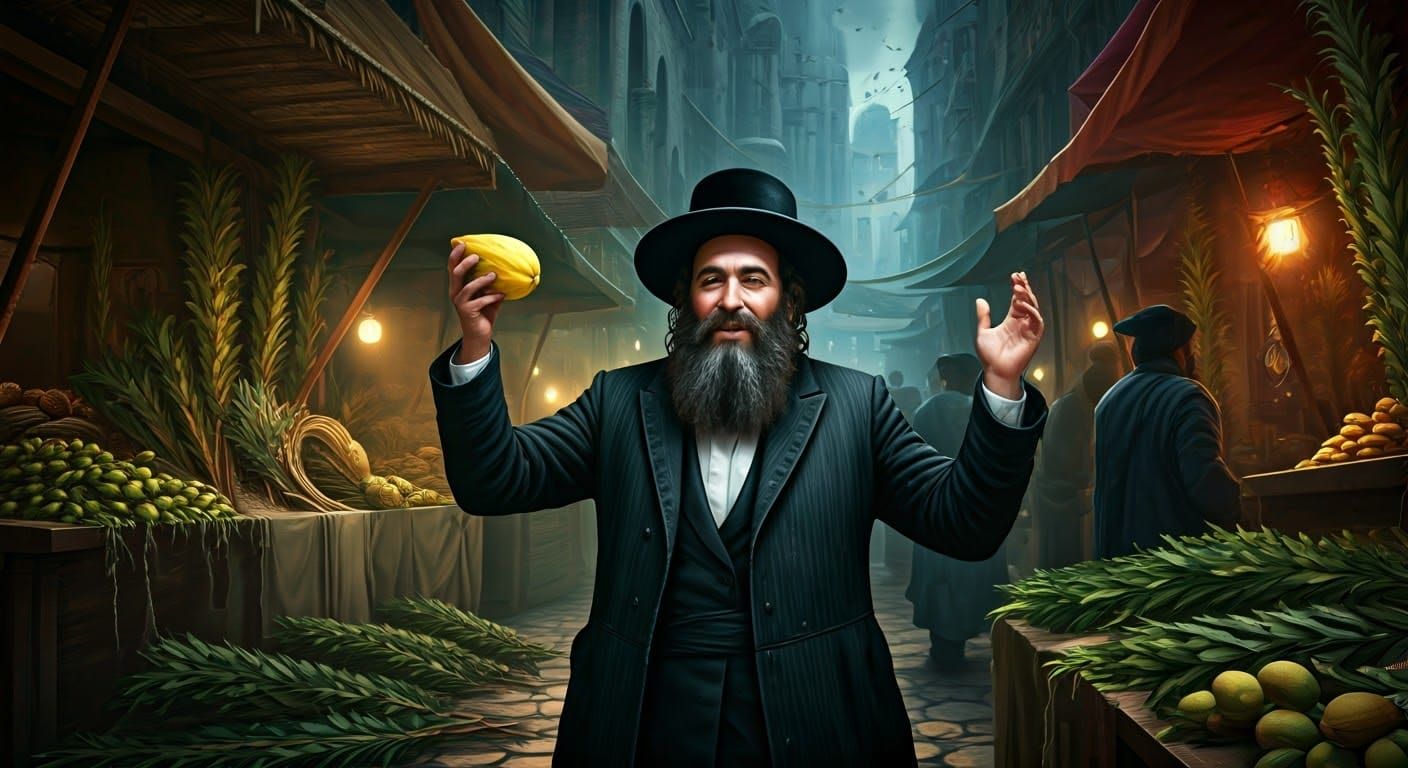 Joyful Hasidic Man Dancing with Etrog in Sukkot Market