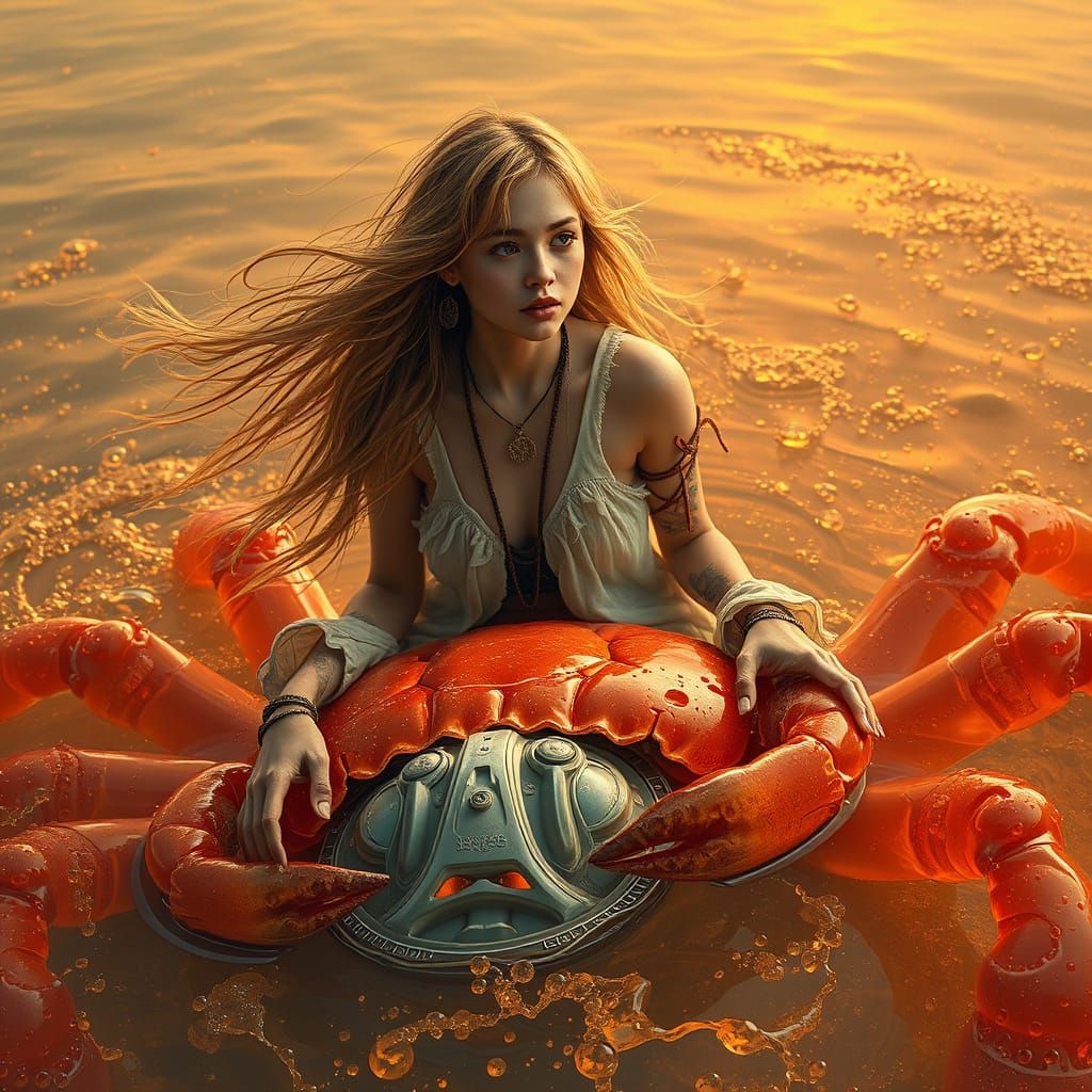 Woman on Gummy Crab in Effervescent Soda Sea