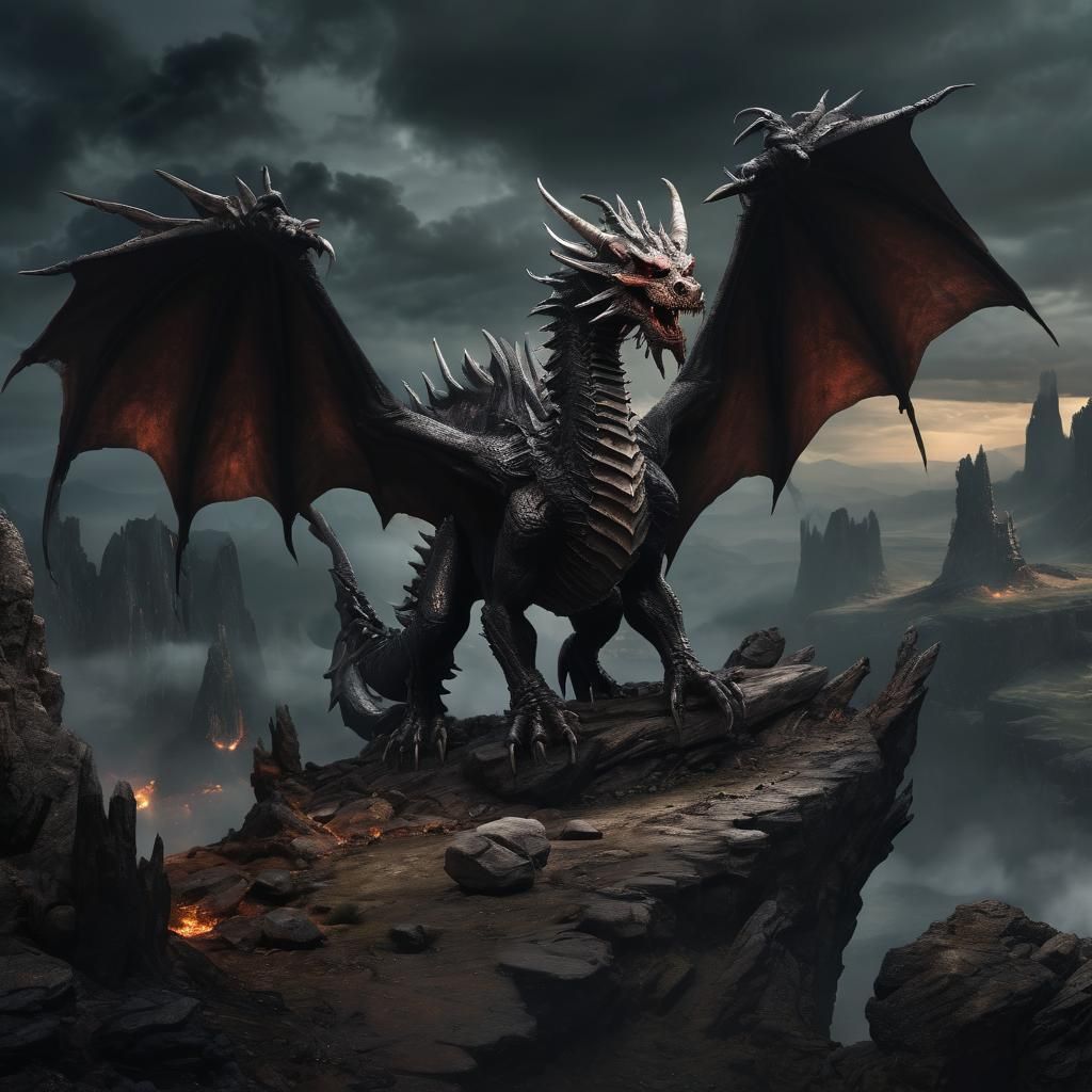 8k resolution, Dark fantasy concept :: Image of a mythical dragon, with large horns  and massive wings, dark mystical la...