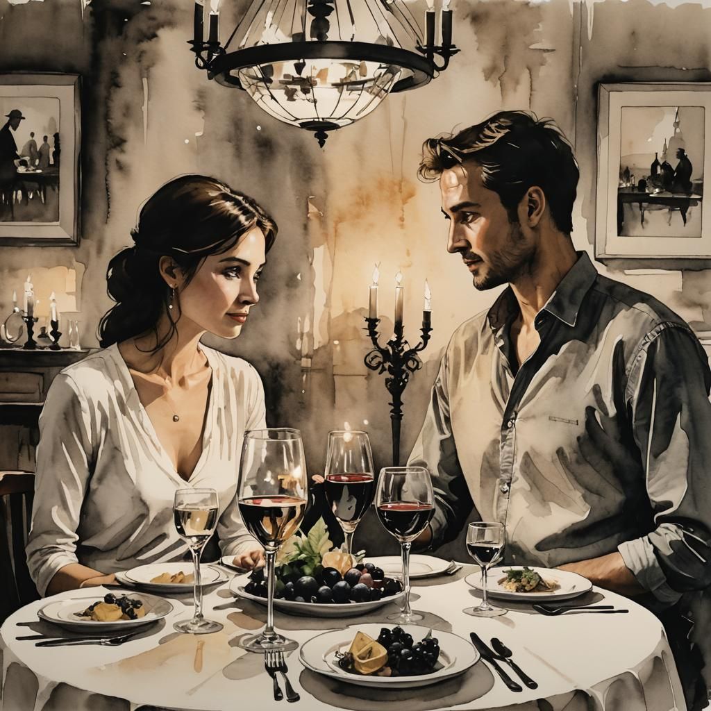 Romantic Couple at Dinner, Modern Ink Painting