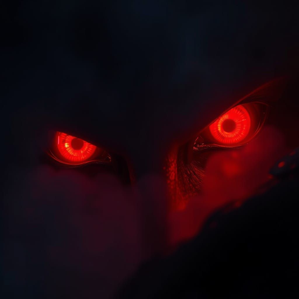 Glowing Scarlet Eyes in Deep Shadow