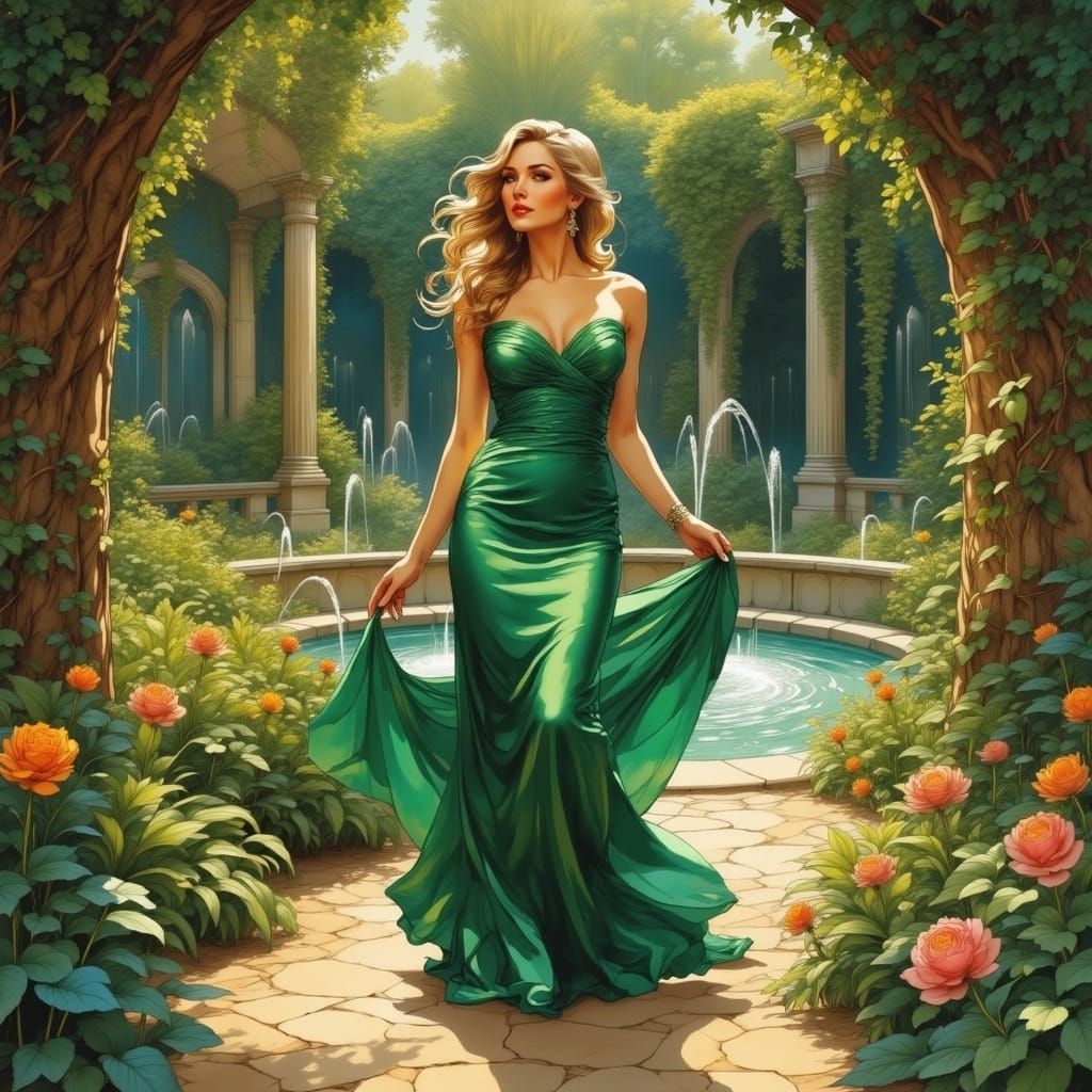 Elegant Woman Strolls Through Enchanted Garden in Flux-Inked...