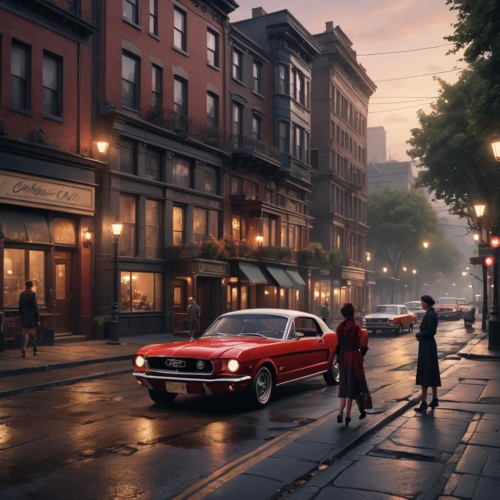 1964 Red Mustang in Victorian Street Scene
