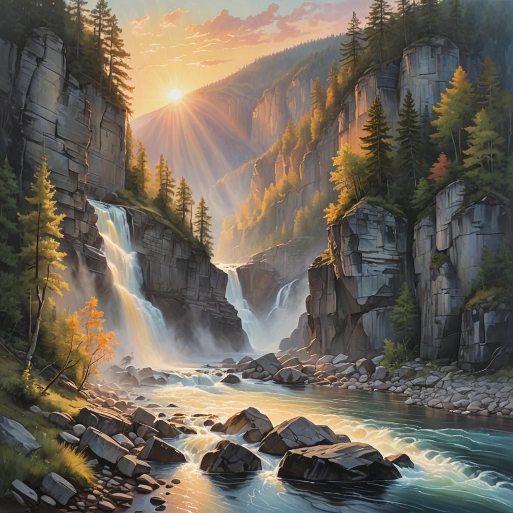 Wild Sunset Over River with Cliffs and Forest