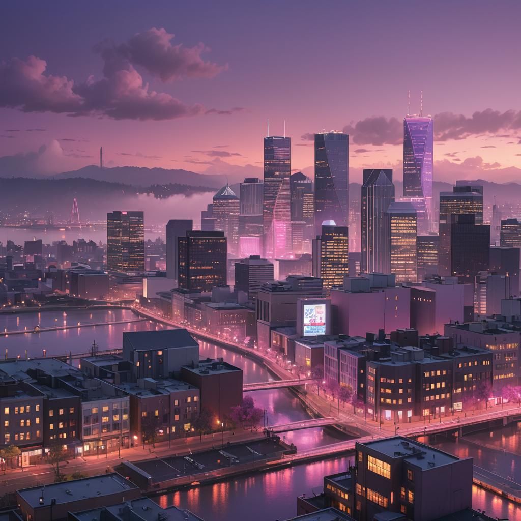 Portland Oregon Skyline in 3D Anime Style