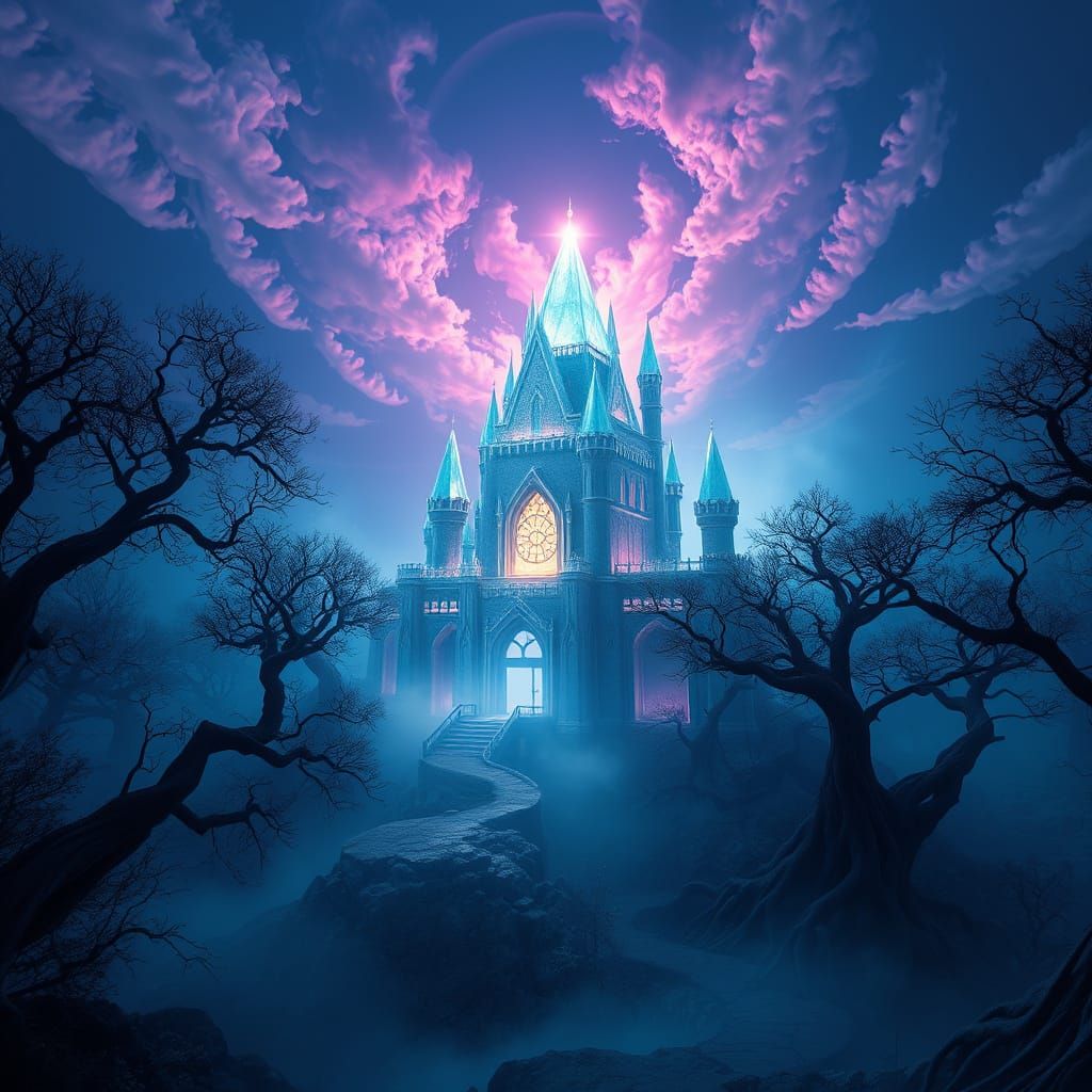 Mystical Diamond Castle Amidst Ancient Forest