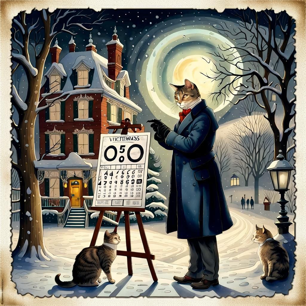 Festive Winter Scene: Cat's Eye Exam in Gouache