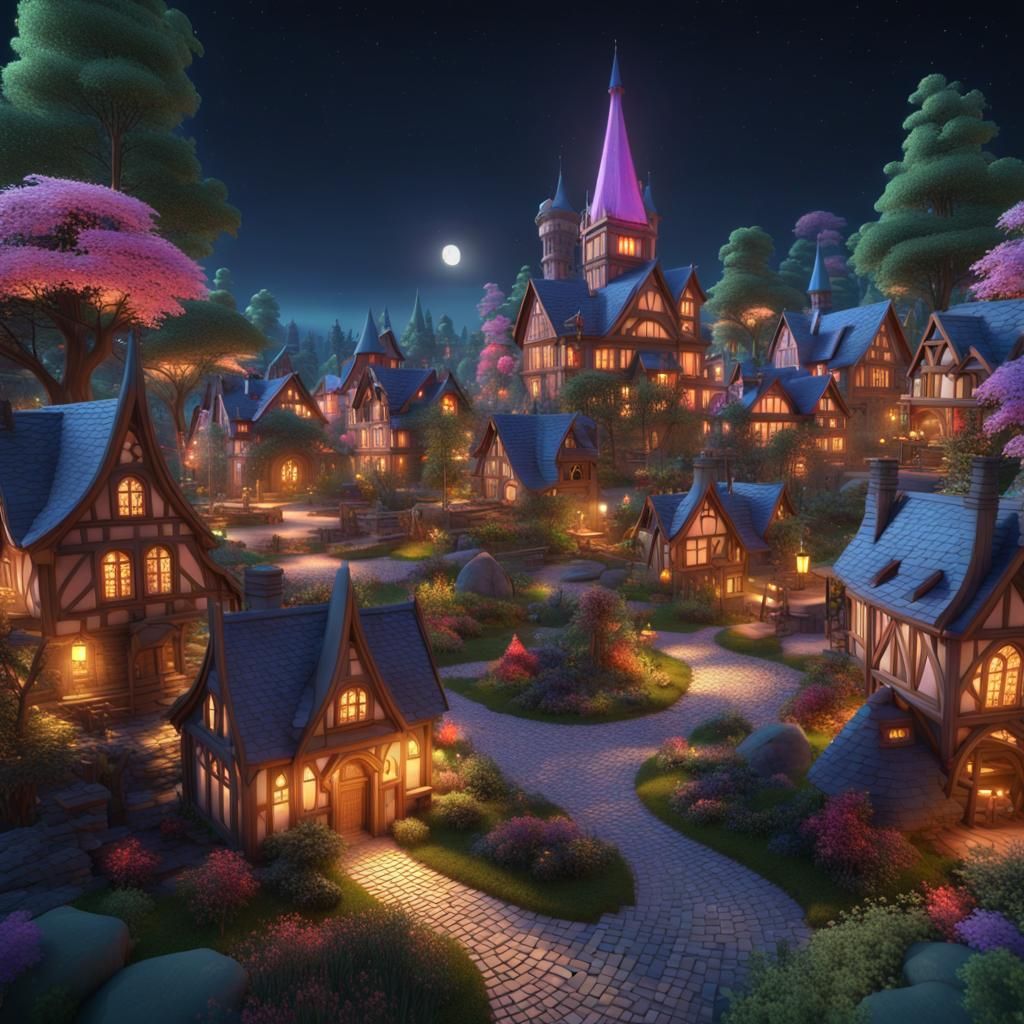 Utopian village of surrounded by magical glowing vibrant nature