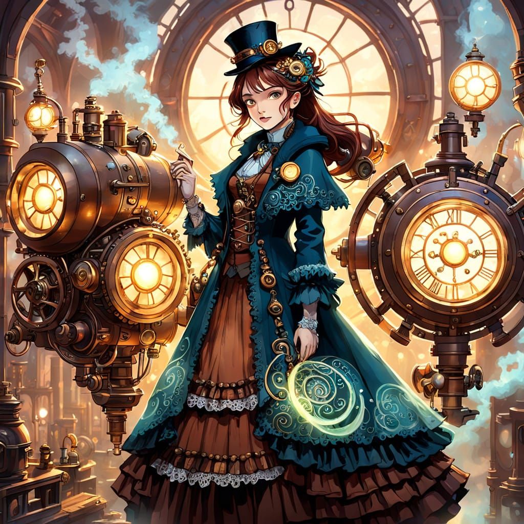 Steampunk Inventress Amidst Ethereal Engine