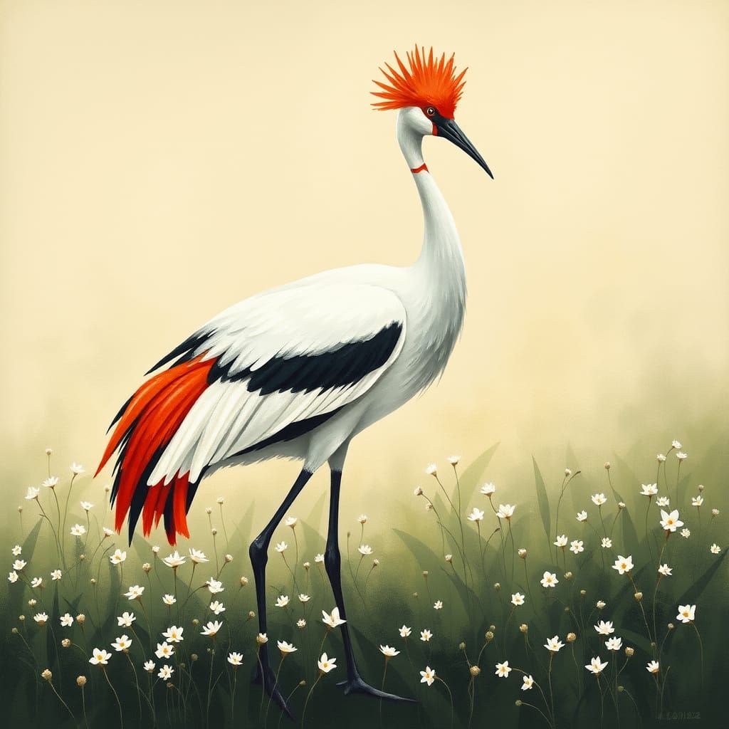 Red Crown Crane in Meadow, Japanese Art Style