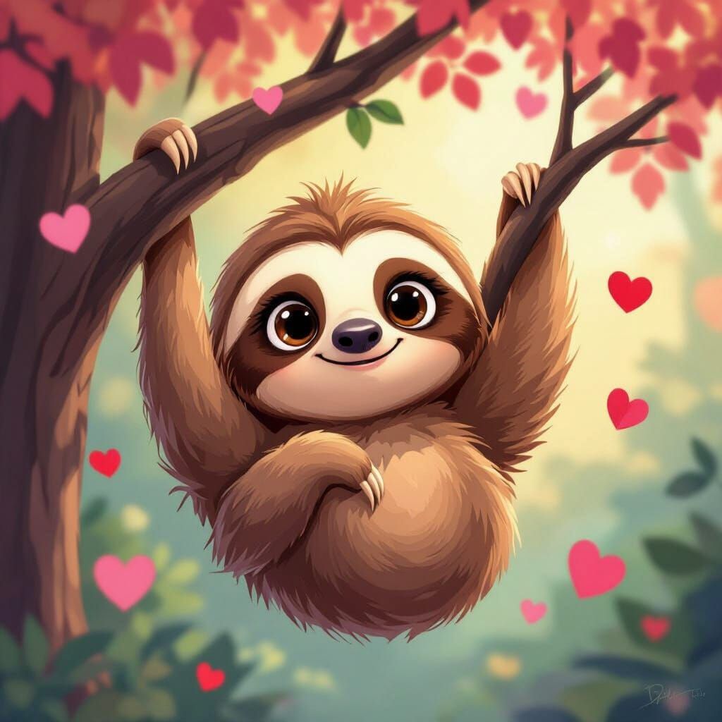 Adorable Cartoon Sloth with Hearts in Playful Animation Styl...
