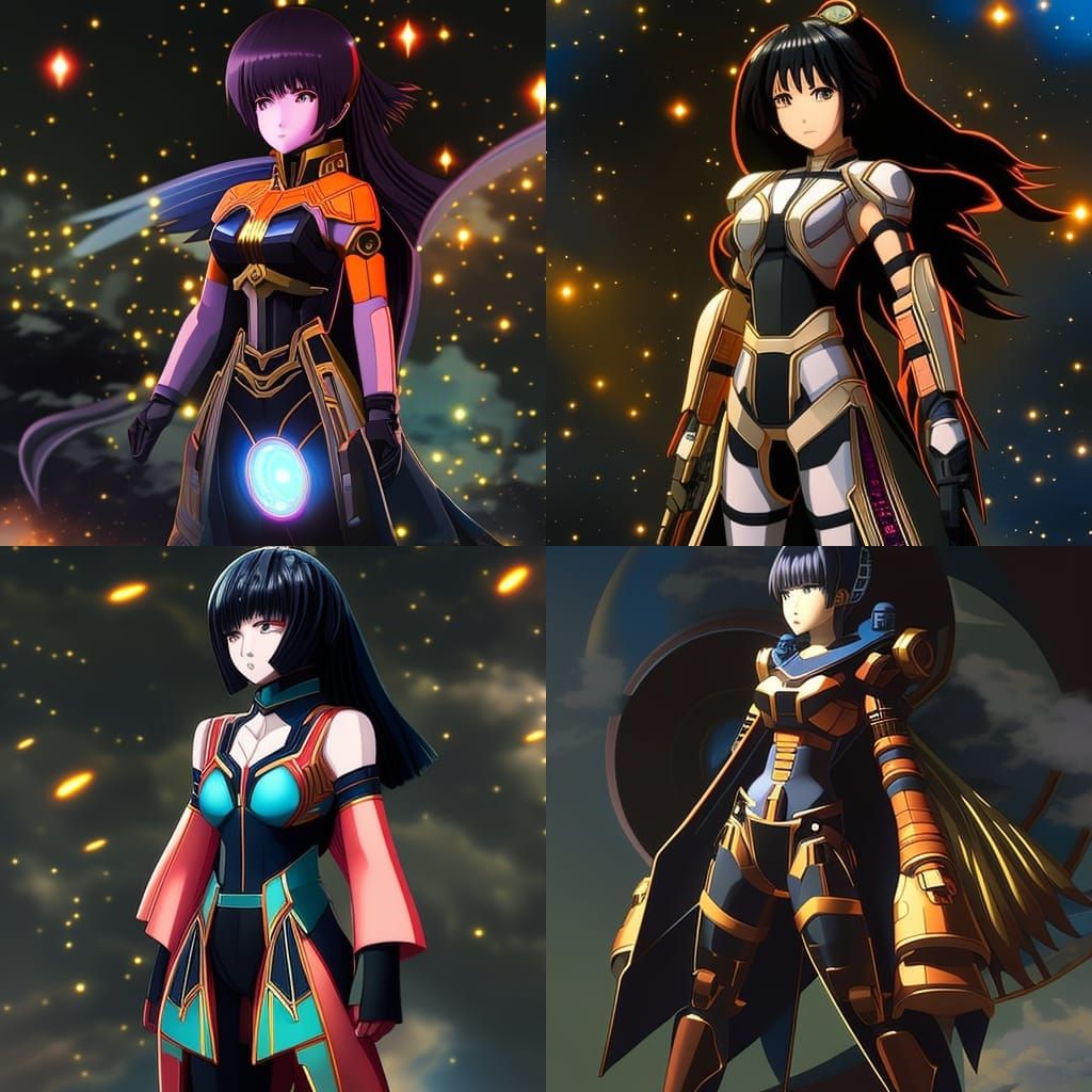 Anime Woman as Cosmic Entity in Galactic Exosuit