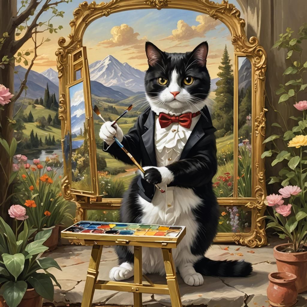 Tuxedo Cat Paints Landscape Masterpiece