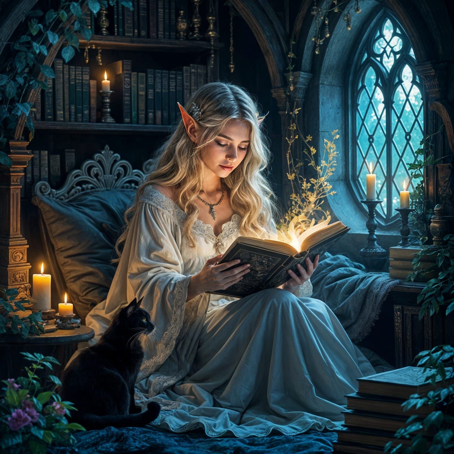 Elf reading her spellbook with her cat