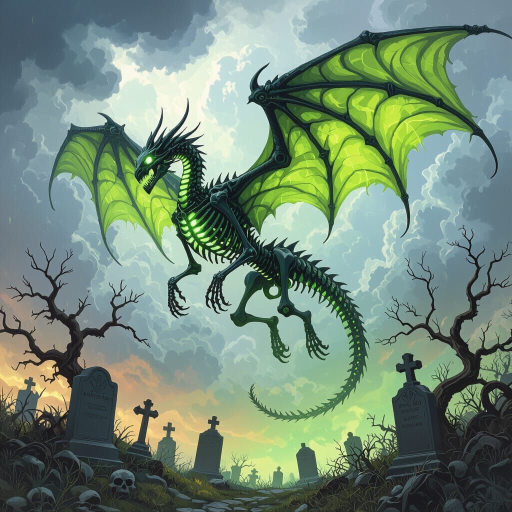 Winged Skeletal Dragon Soaring Above Graveyard