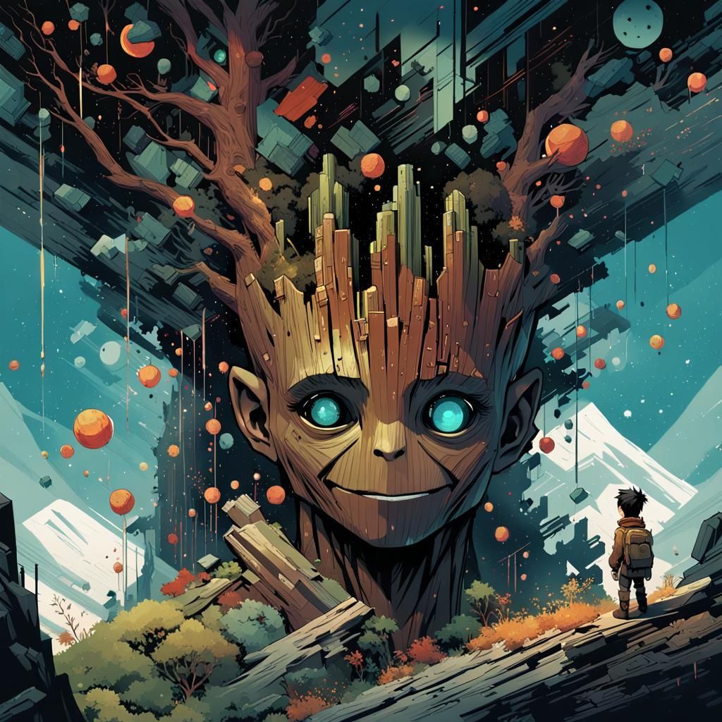 Groot Emerges from Mountain in Dark Fantasy Style