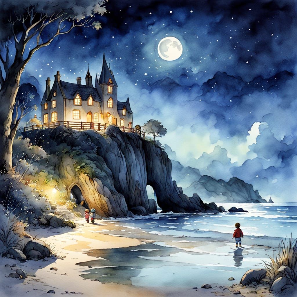 Enchanted Midnight Beach Scene in Whimsical Watercolour Styl...