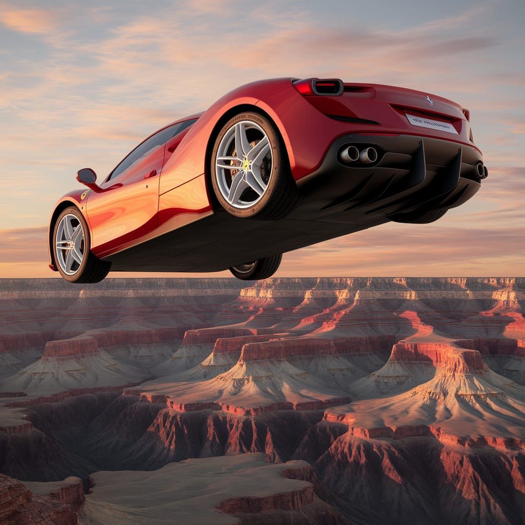 Ferrari Soars Above Grand Canyon in Dramatic Sunset Scene