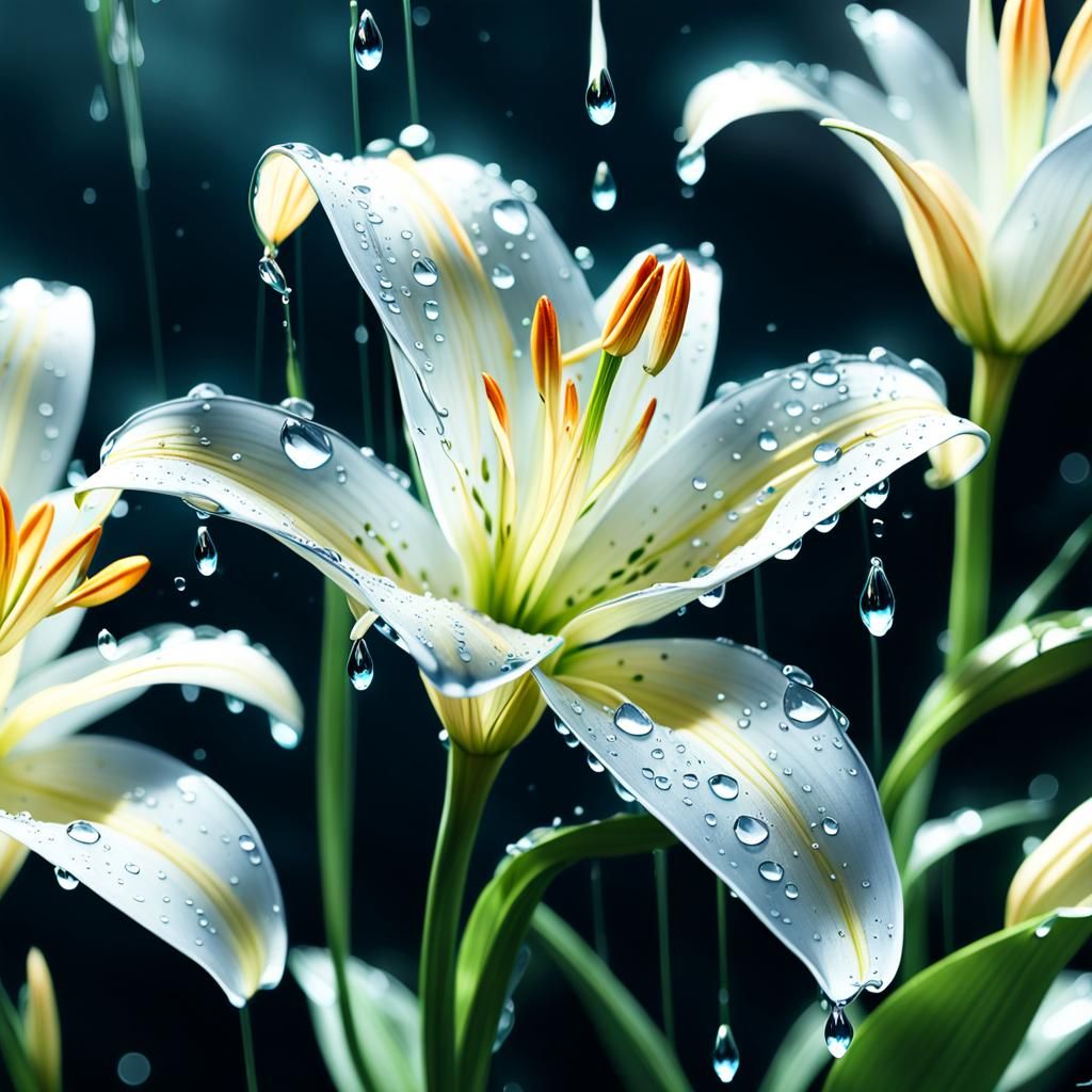 Macro Lily Petal with Water Droplets in 3D Anime Art