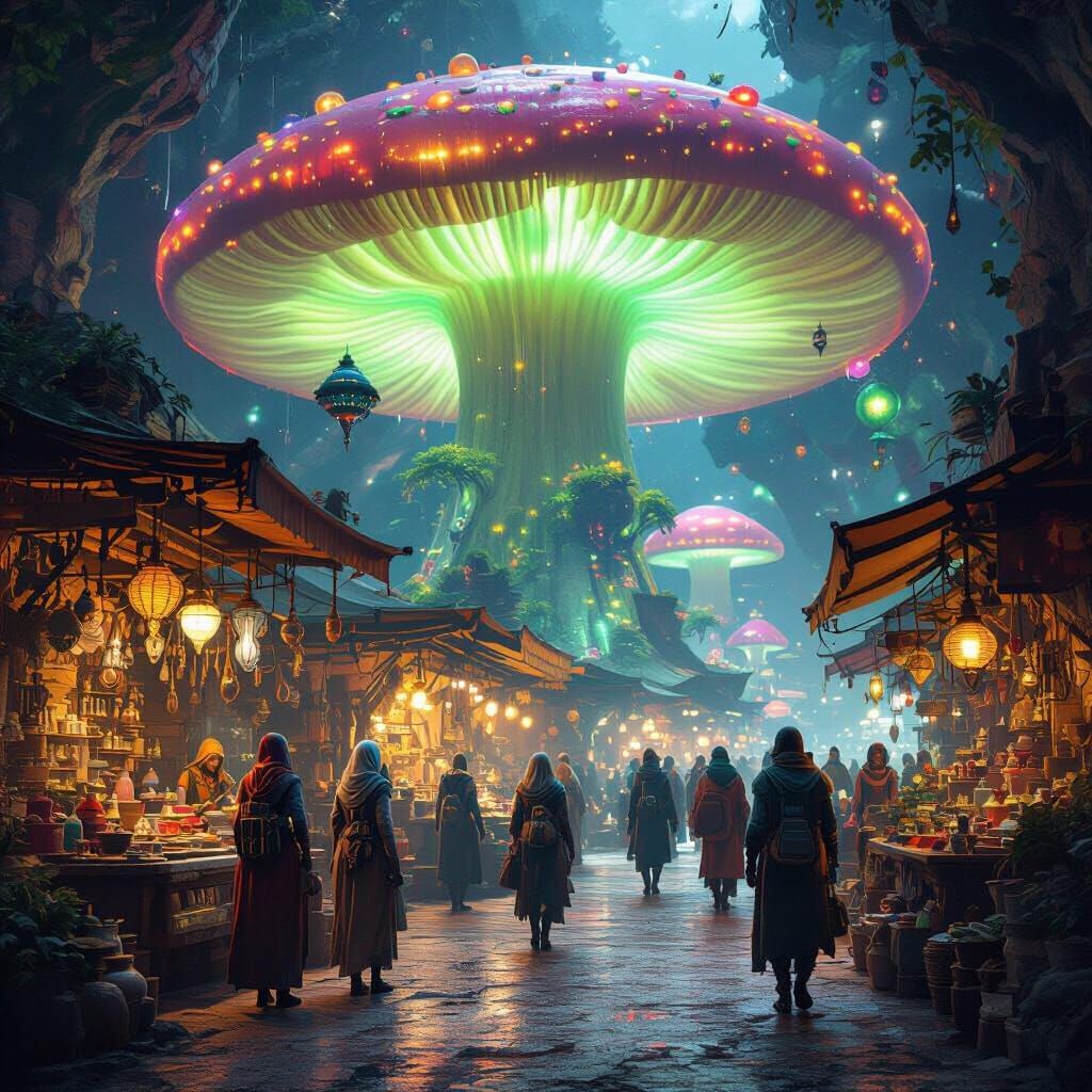 Bustling Alien Marketplace in Bioluminescent Mushroom