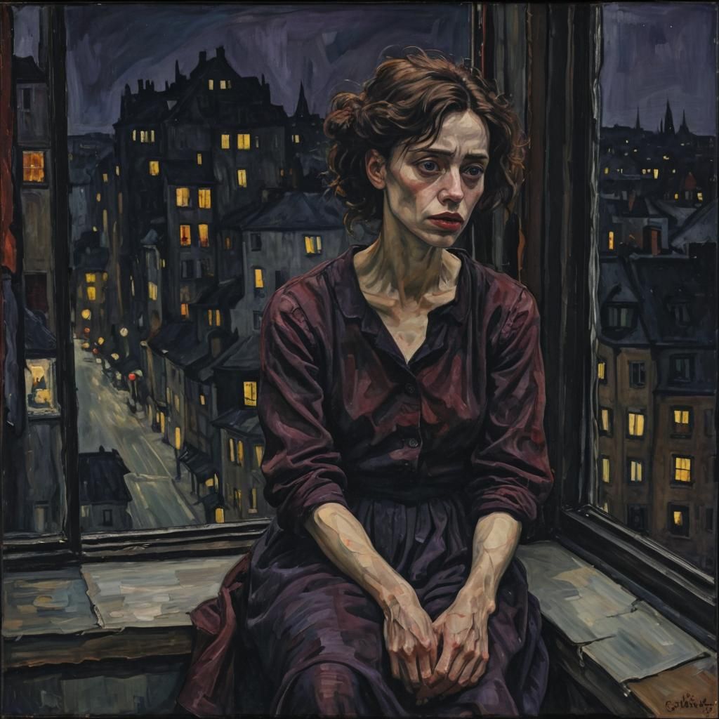 Melancholic Woman in Expressionist Cityscape Portrait