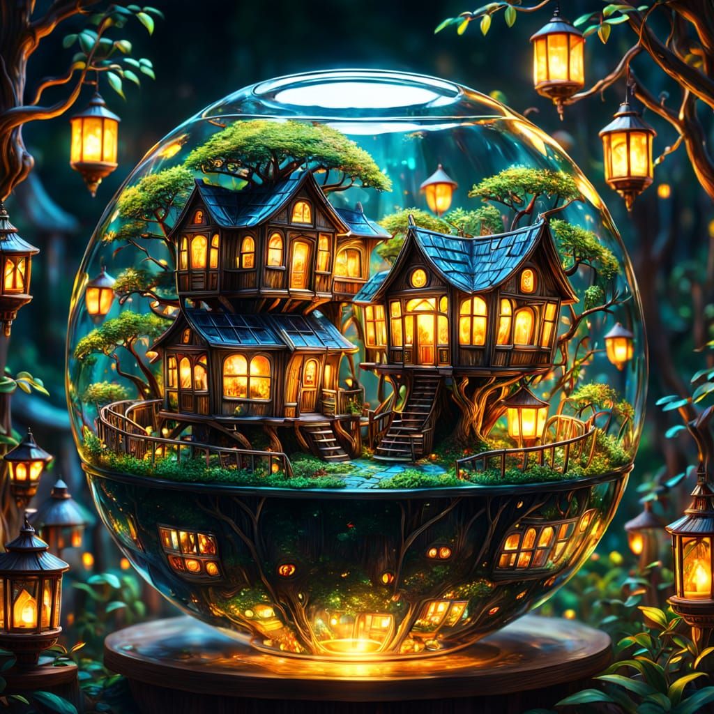 Miniature Solarpunk Community in Glass Bowl