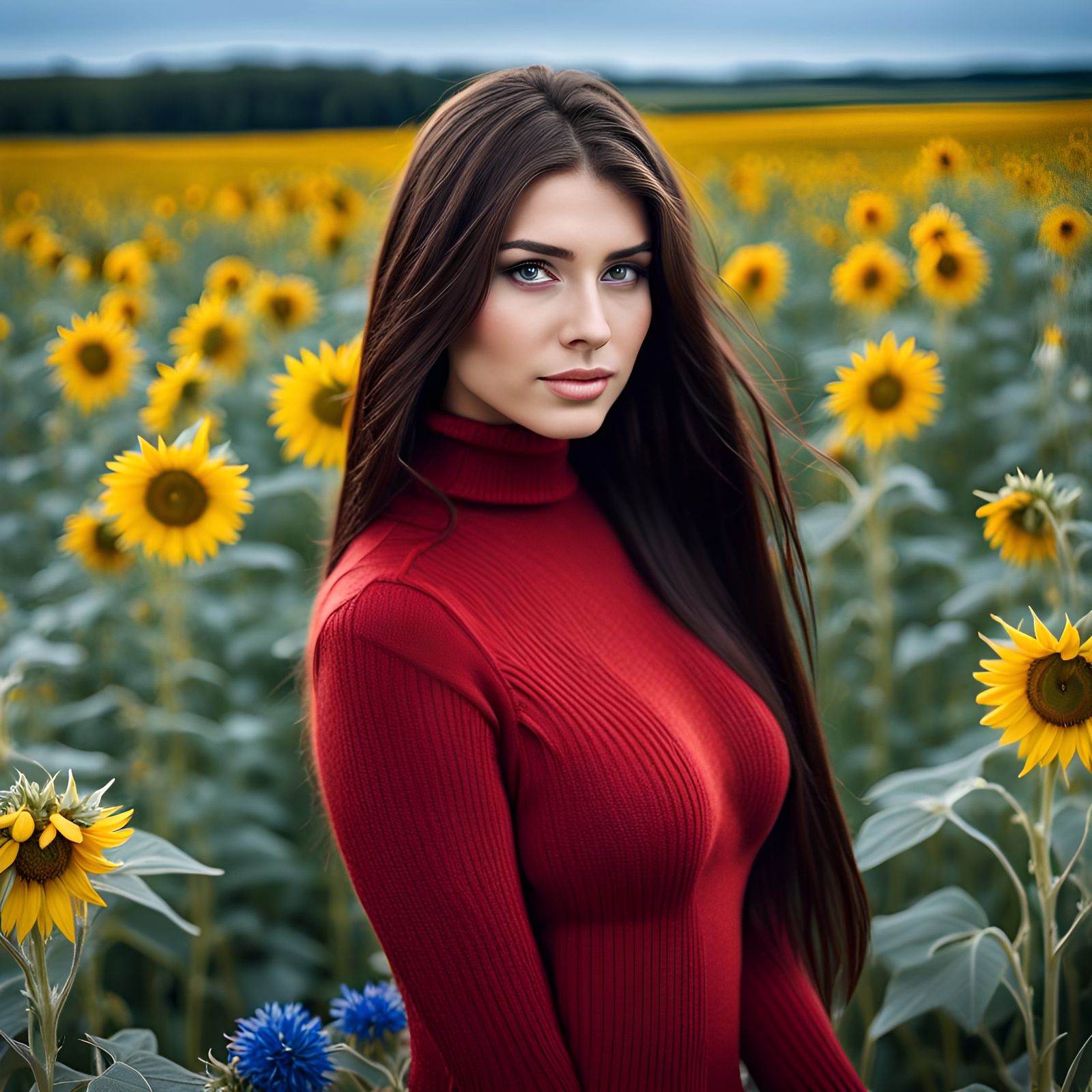 Brunette in Sunflowers Field: Digital Portrait