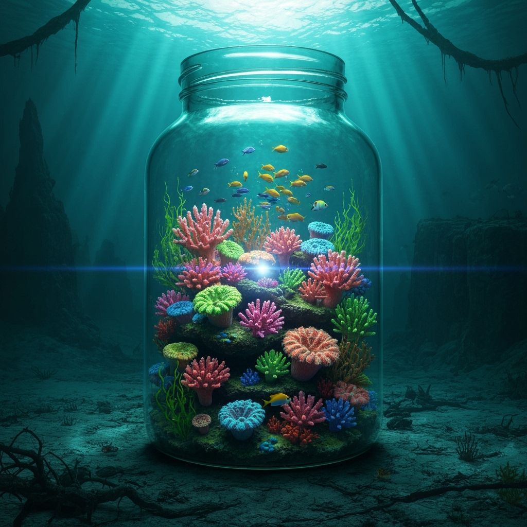 Coral Ecosystem in Glass Jar on Ocean Floor