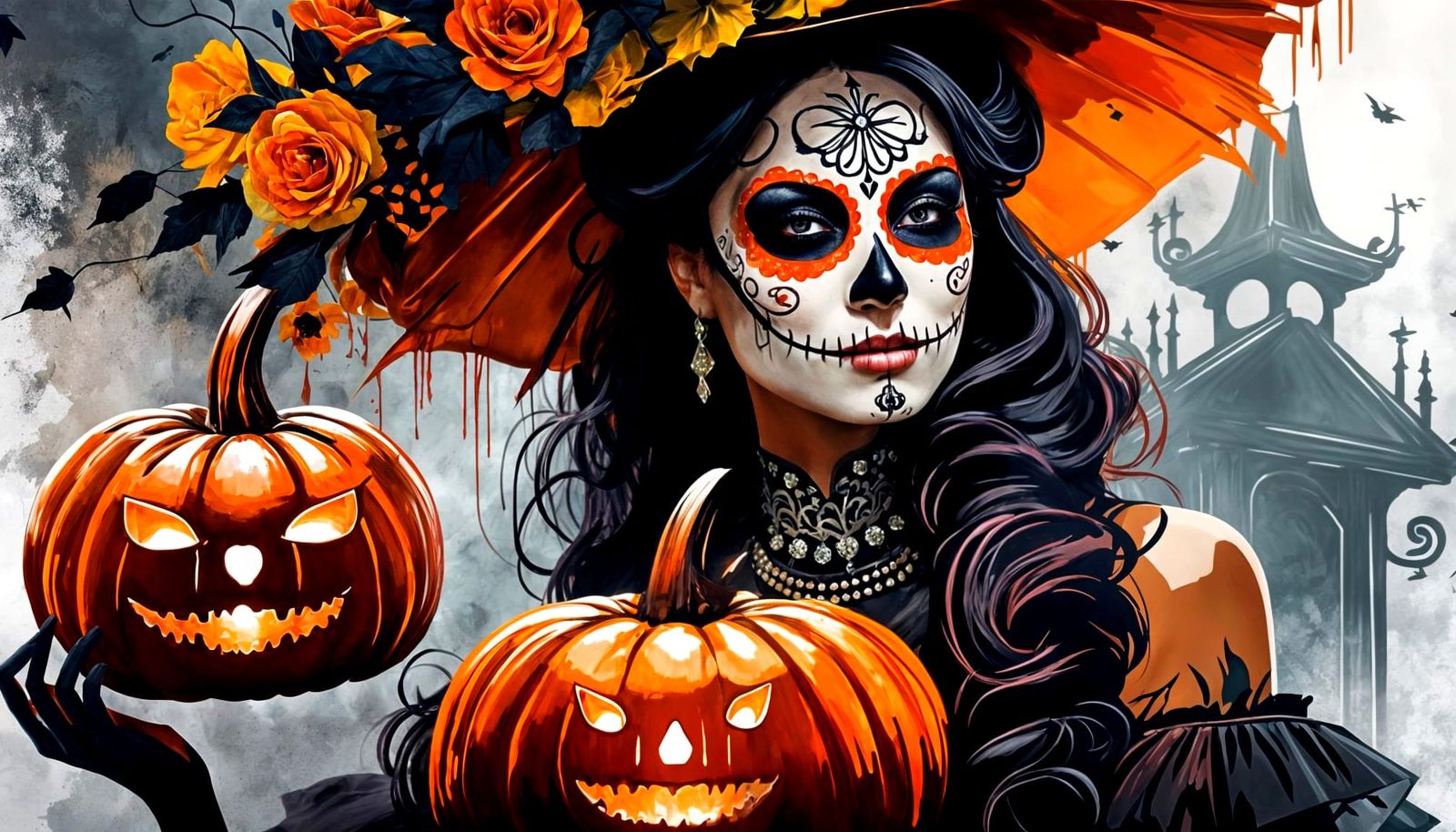 Smiling Pumpkin Lady: Digital Día de los Muertos Art