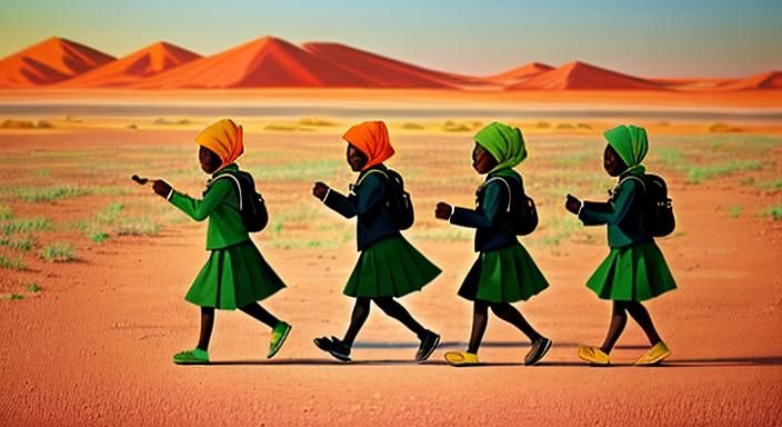 African Children Walk to School: Oil Pastel Drawing