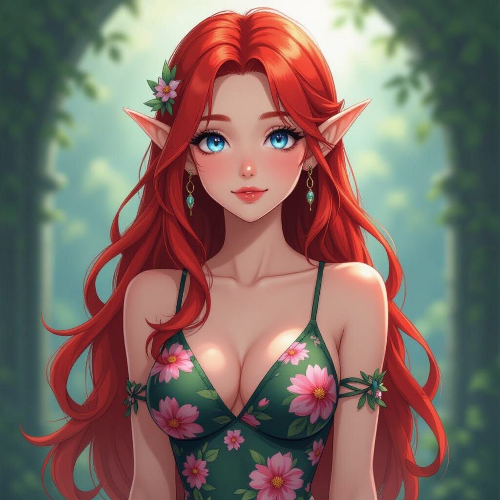 Elven Princess with Fiery Hair and Blue Eyes in Floral Leota...