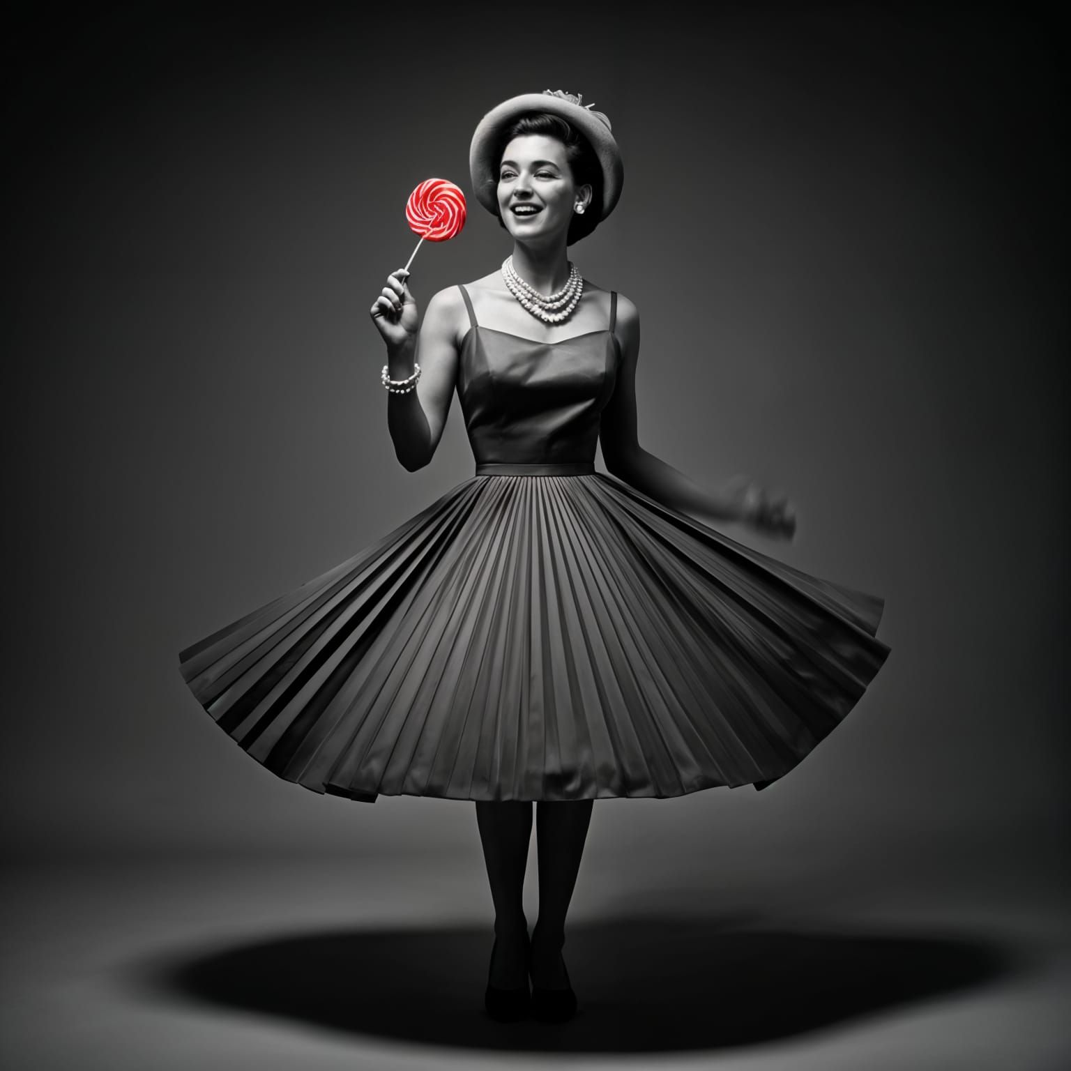 Joyful 1950s Woman Dancing with Red Lollipop