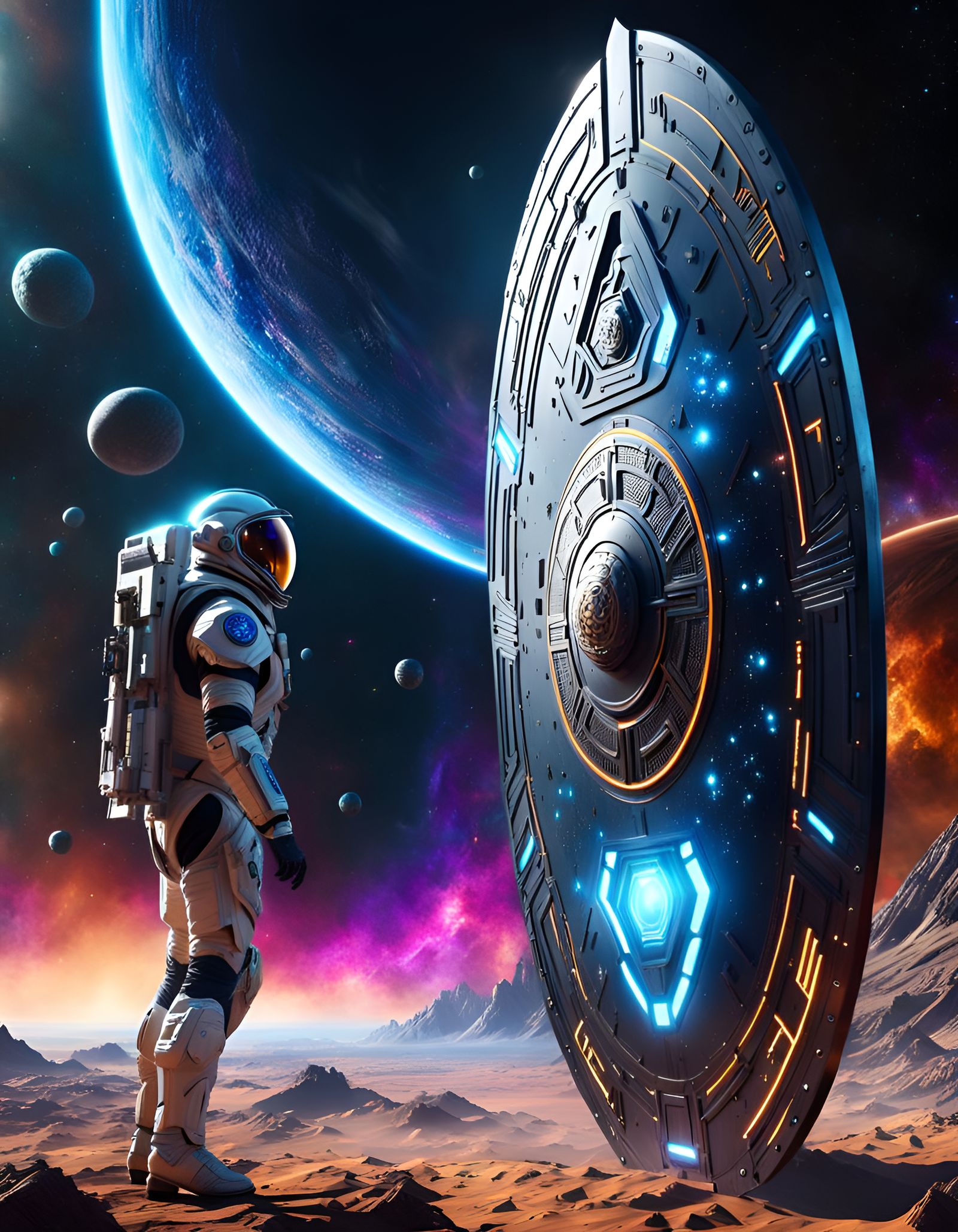 Astronaut Exploring Alien Battle-Shield in Space