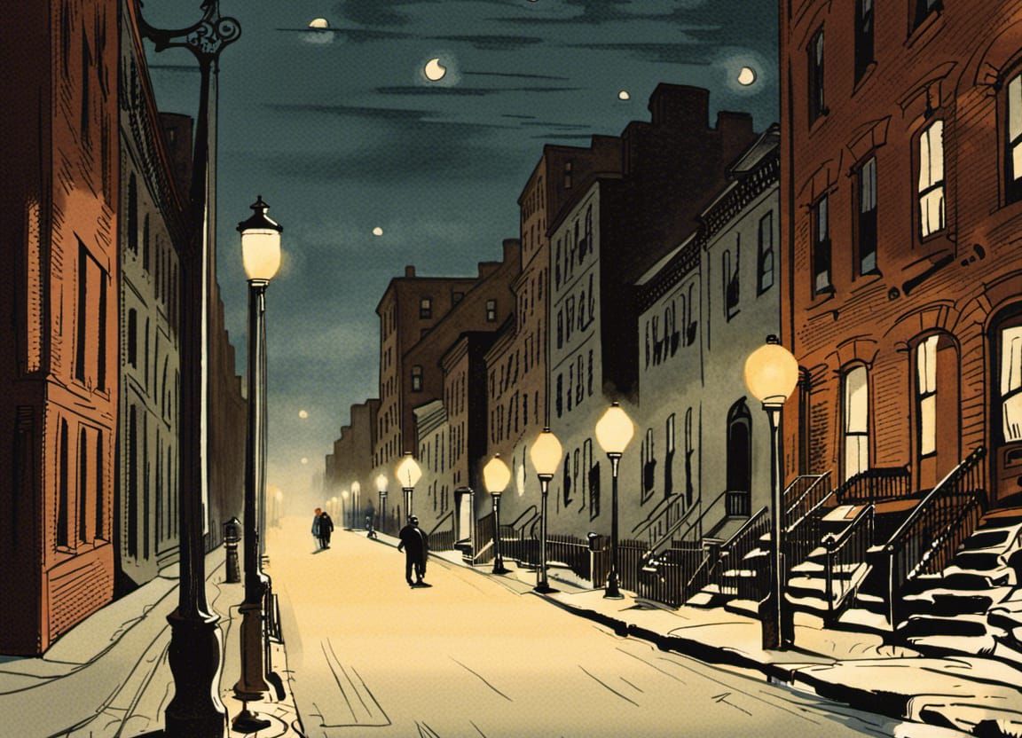 Brooklyn Street at Night, Vintage Illustration