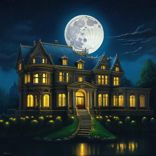 Fantasy Mural: Full Moonlit Mansion at Night