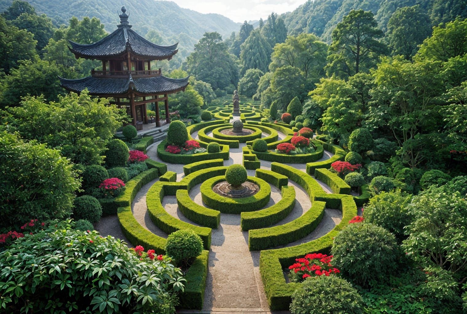 Surreal Aerial View of an Oriental Labyrinth Garden