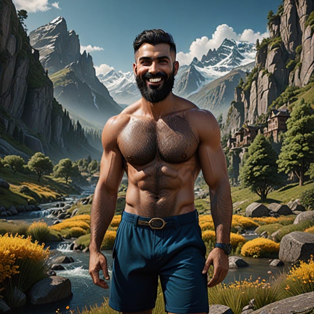 Calm Hirsute Man in Vibrant Landscape