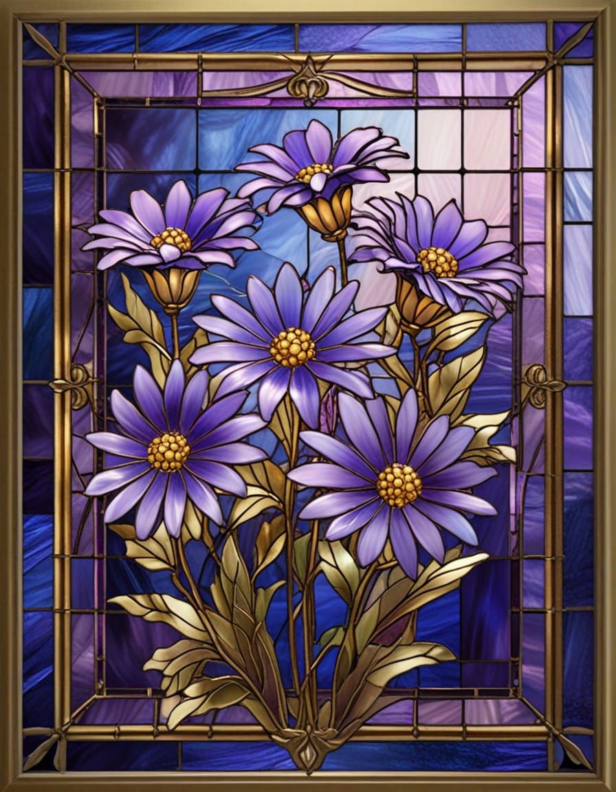 Purple Aster Stained Glass Art in Victorian Style