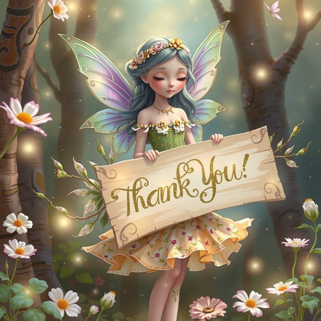 Fairy Holding Thank You Sign in Fantasy Art Style