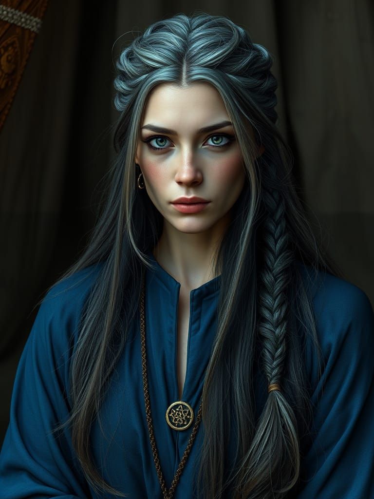 Anglo-Saxon Druid Woman in Whimsical Bedchamber