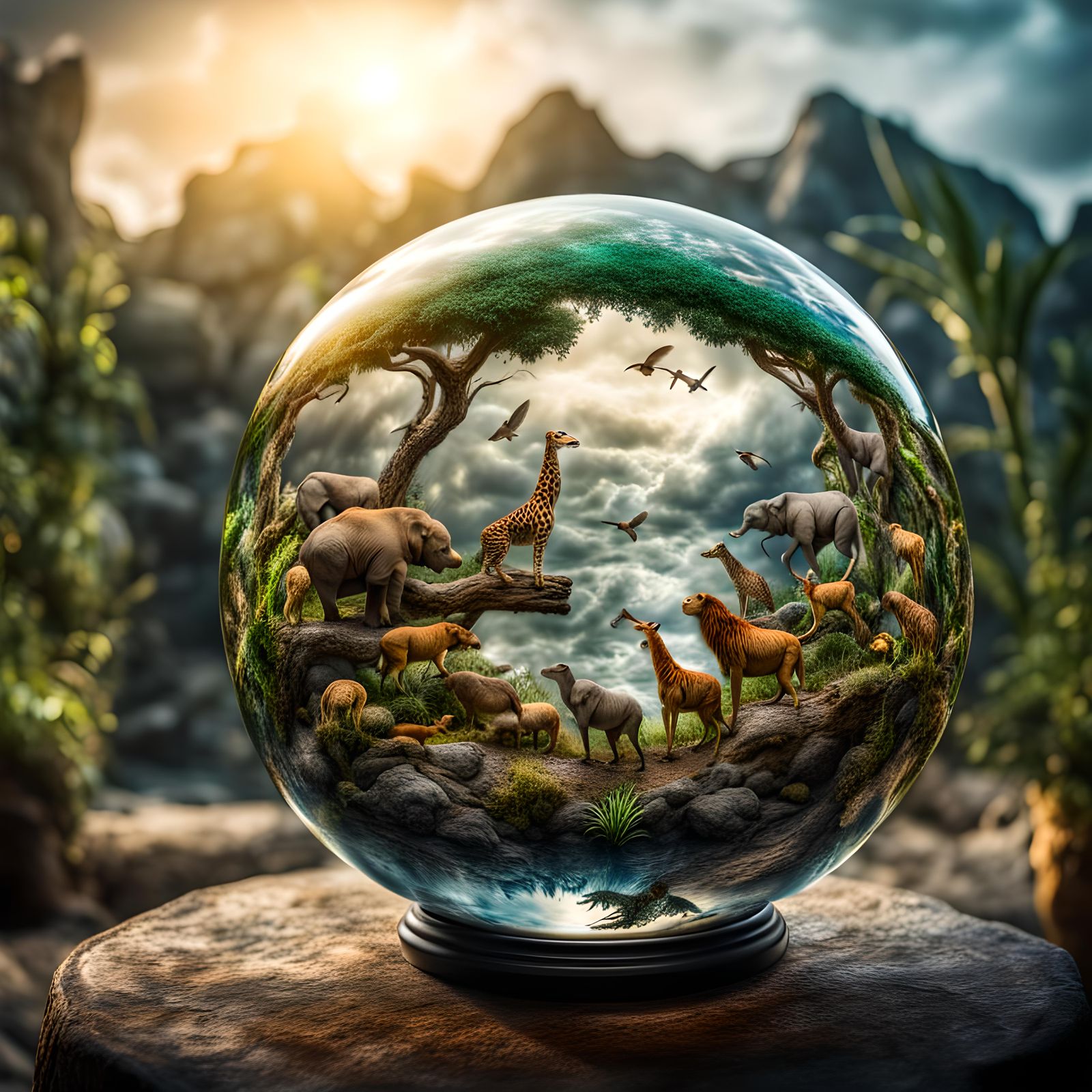 A glass sphere showing the animal kingdom