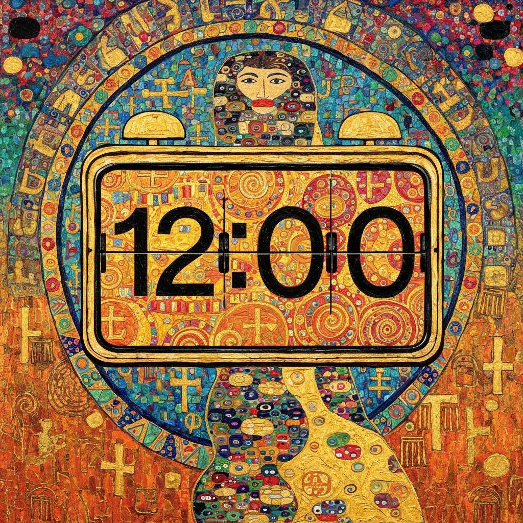 Retro Flip Clock 12:00 in Klimt Style Gouache