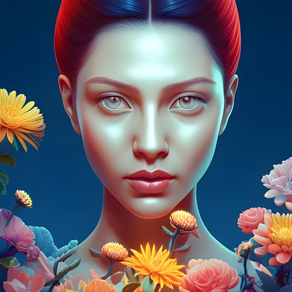 Young Woman Surrounded by Flowers in Surreal Style