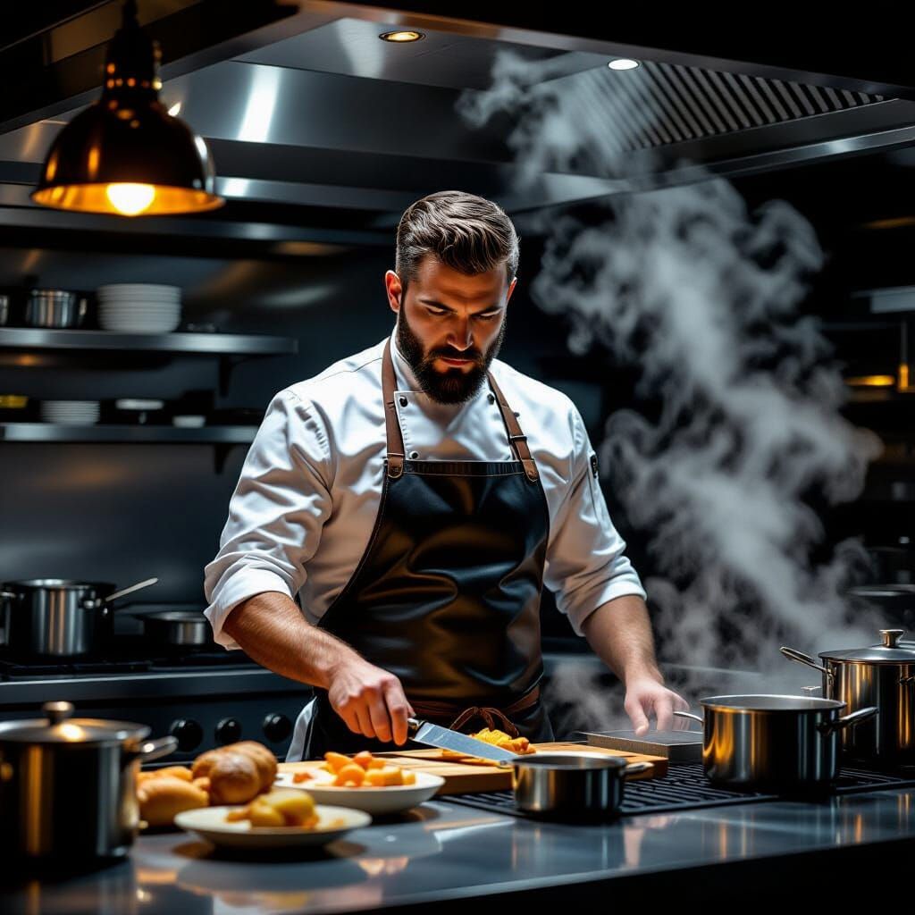 Chef in Leather Apron in Dramatic Kitchen