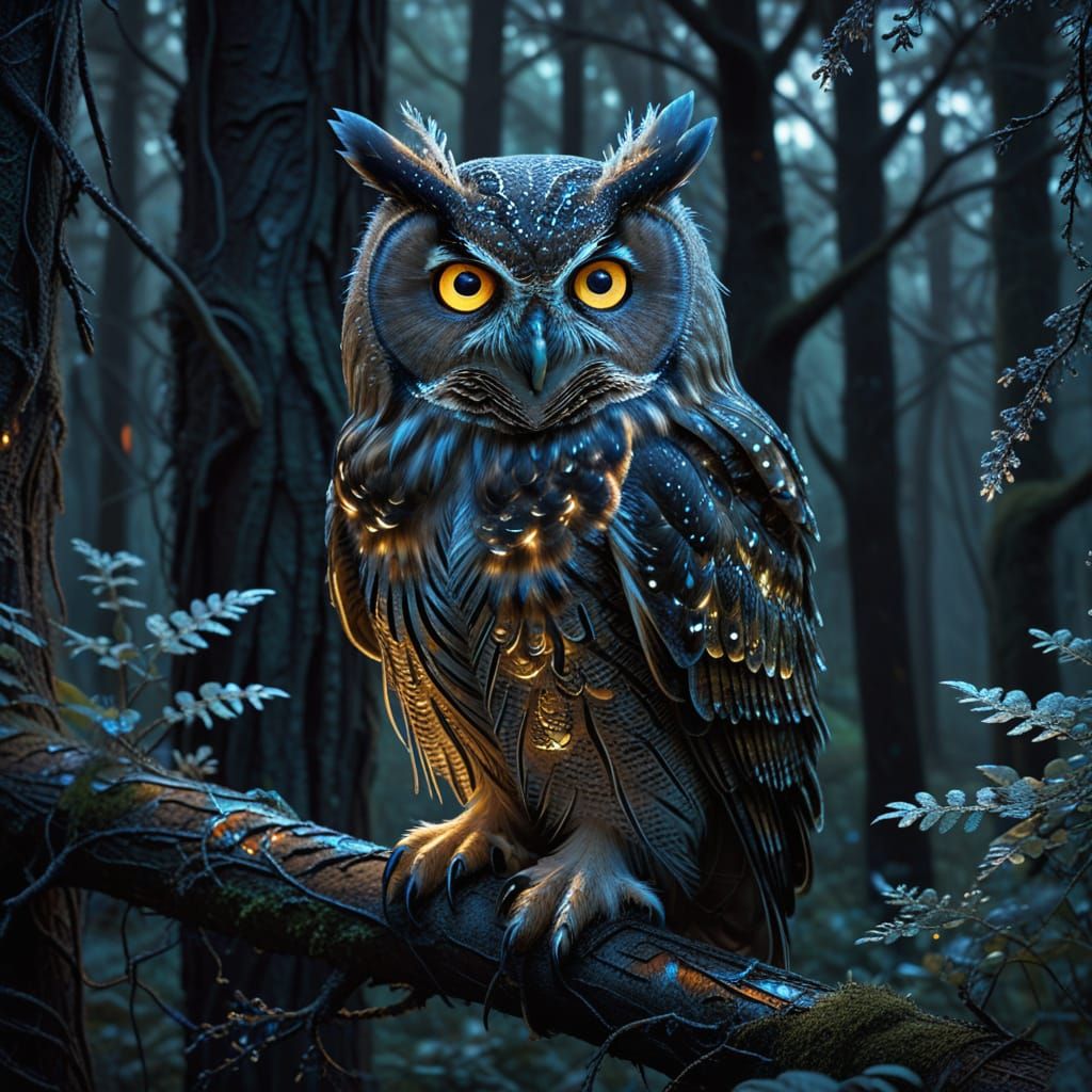 Bioluminescent Owl Portrait in Gothic Surrealism Style