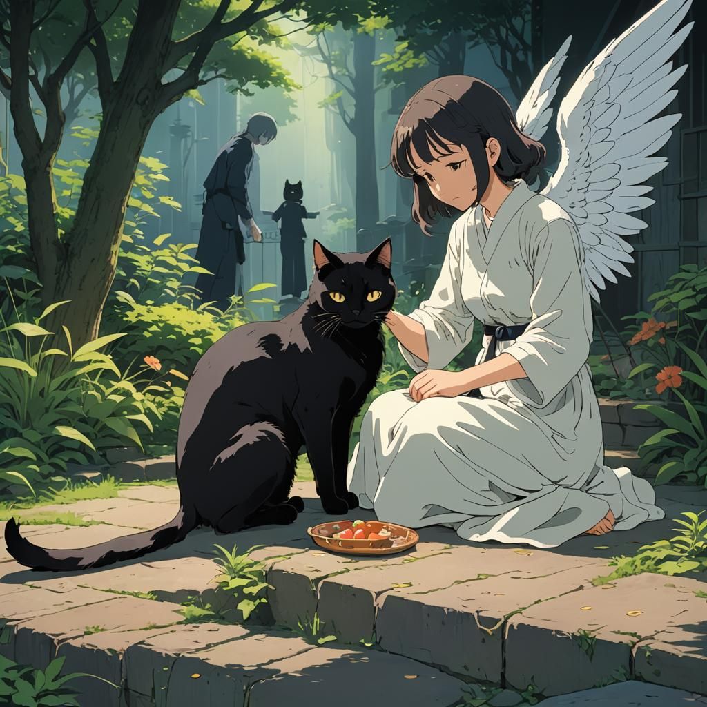 Angel of Death Petting a Black Cat in Anime Style