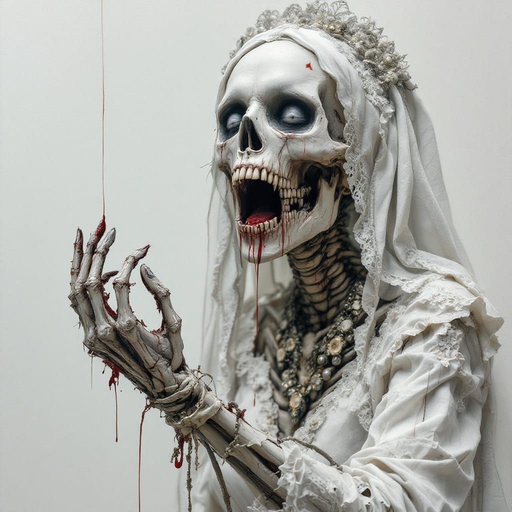 Skeletal Bride Erases Scream in Dark Surreal Art