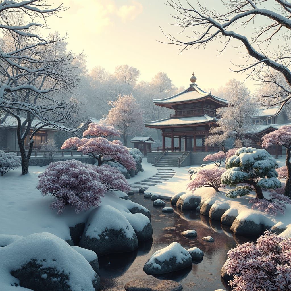 Winter Snow in Japanese Garden: Detailed Matte Painting